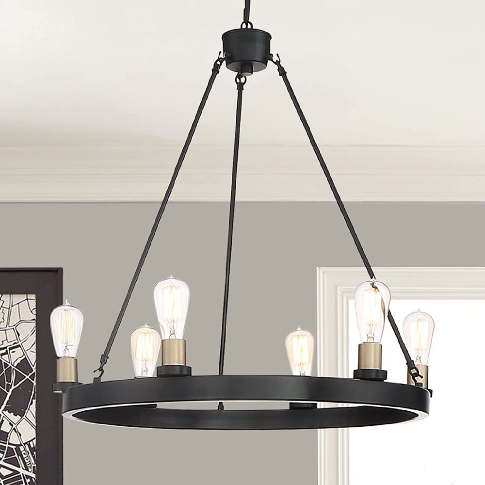 Black And Gold Candle Style Six Light Metal Dimmable Chandelier