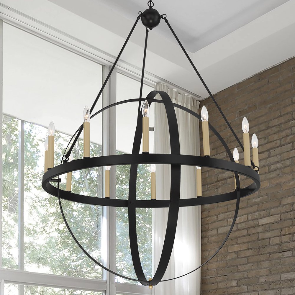 Black And Gold Candle Style Twelve Light Metal Dimmable Chandelier