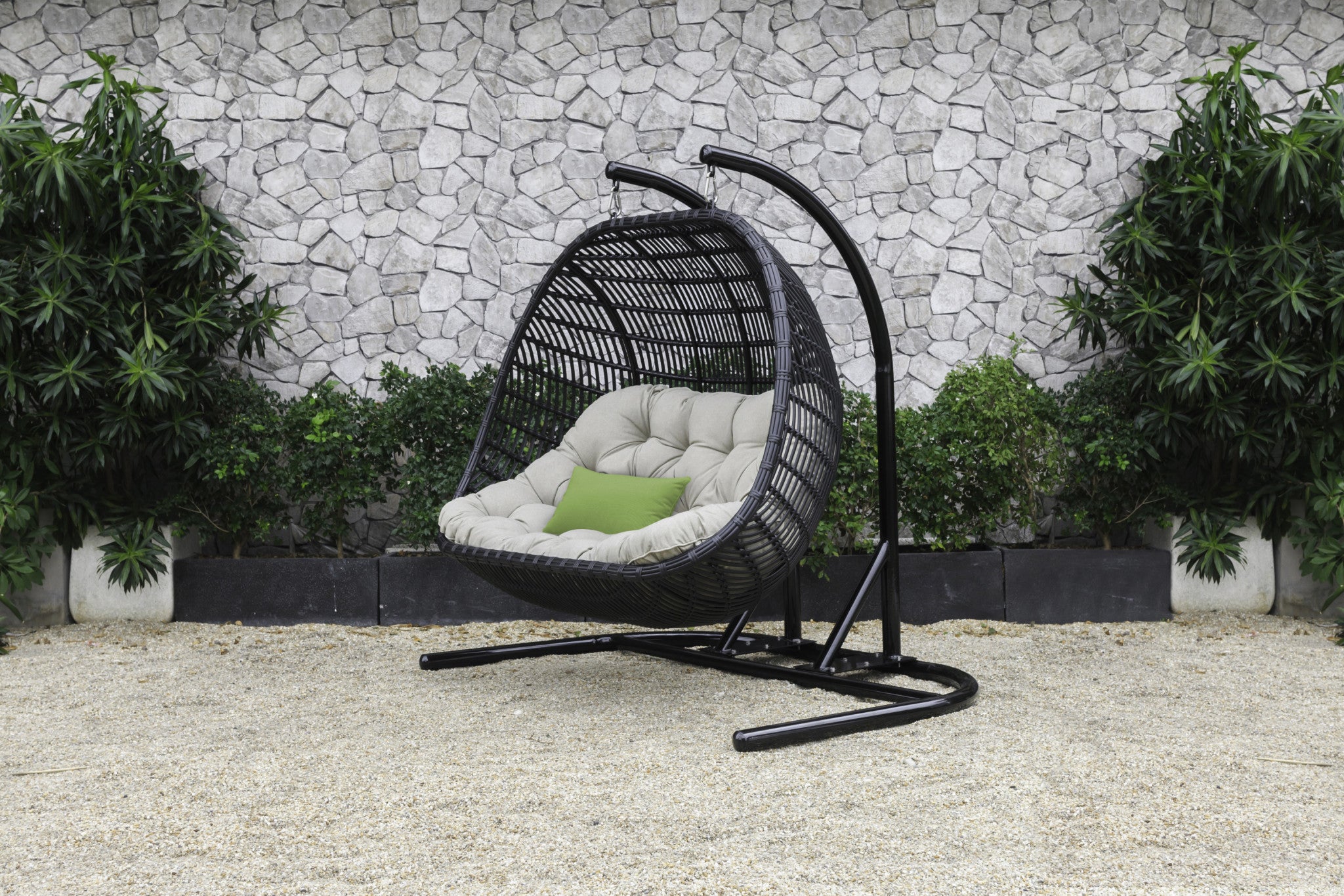 69" Beige And Black Metal Swing Chair With Beige Cushion