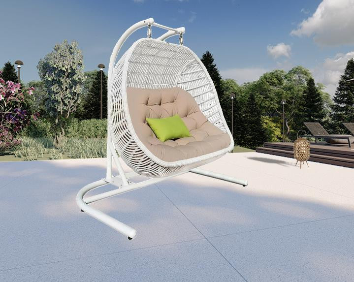 69" Beige And White Metal Swing Chair With Beige Cushion