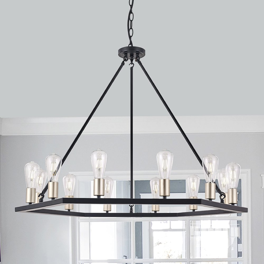 Black And Gold Candle Style Twelve Light Metal Dimmable Chandelier