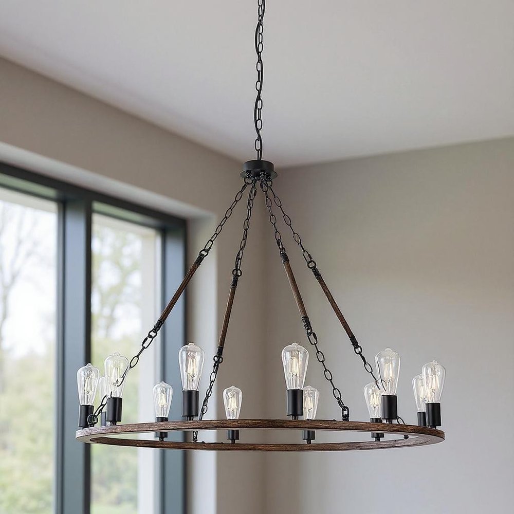 Brown And Black Candle Style Twelve Light Metal Dimmable Chandelier