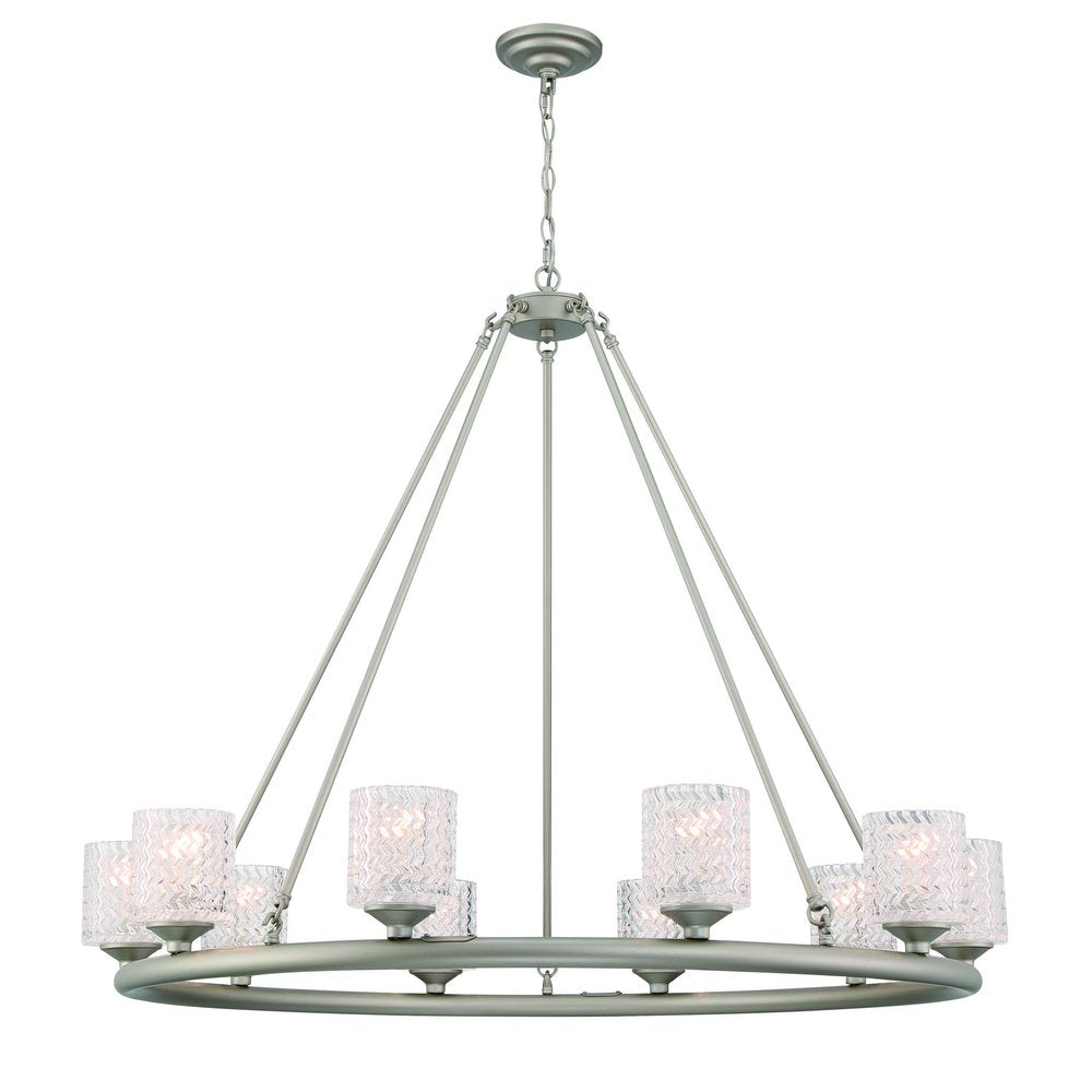 Silver Shaded Ten Light Metal Dimmable Chandelier With White Shades