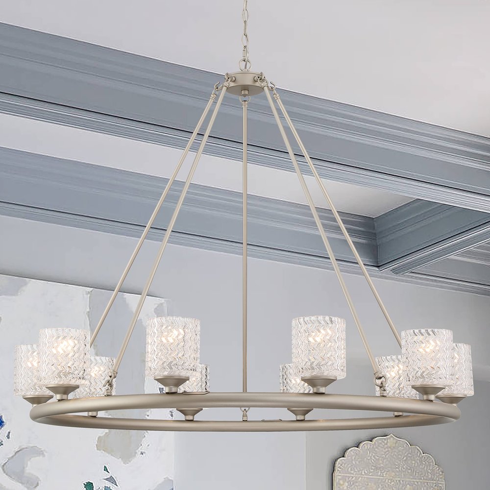 Silver Shaded Ten Light Metal Dimmable Chandelier With White Shades