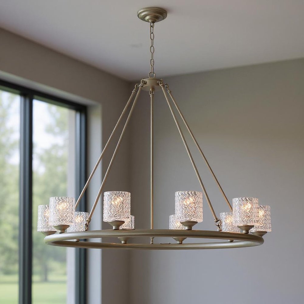 Silver Shaded Ten Light Metal Dimmable Chandelier With White Shades
