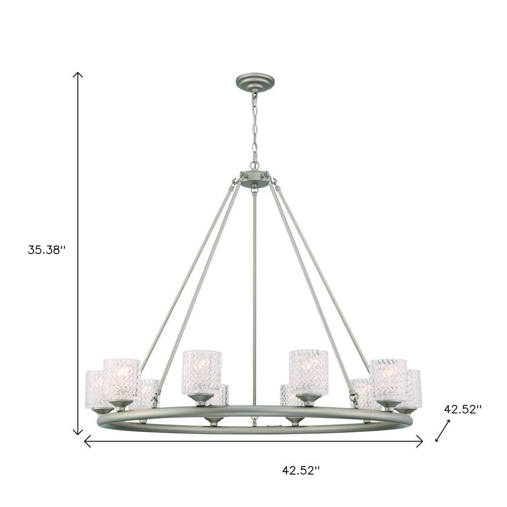 Silver Shaded Ten Light Metal Dimmable Chandelier With White Shades