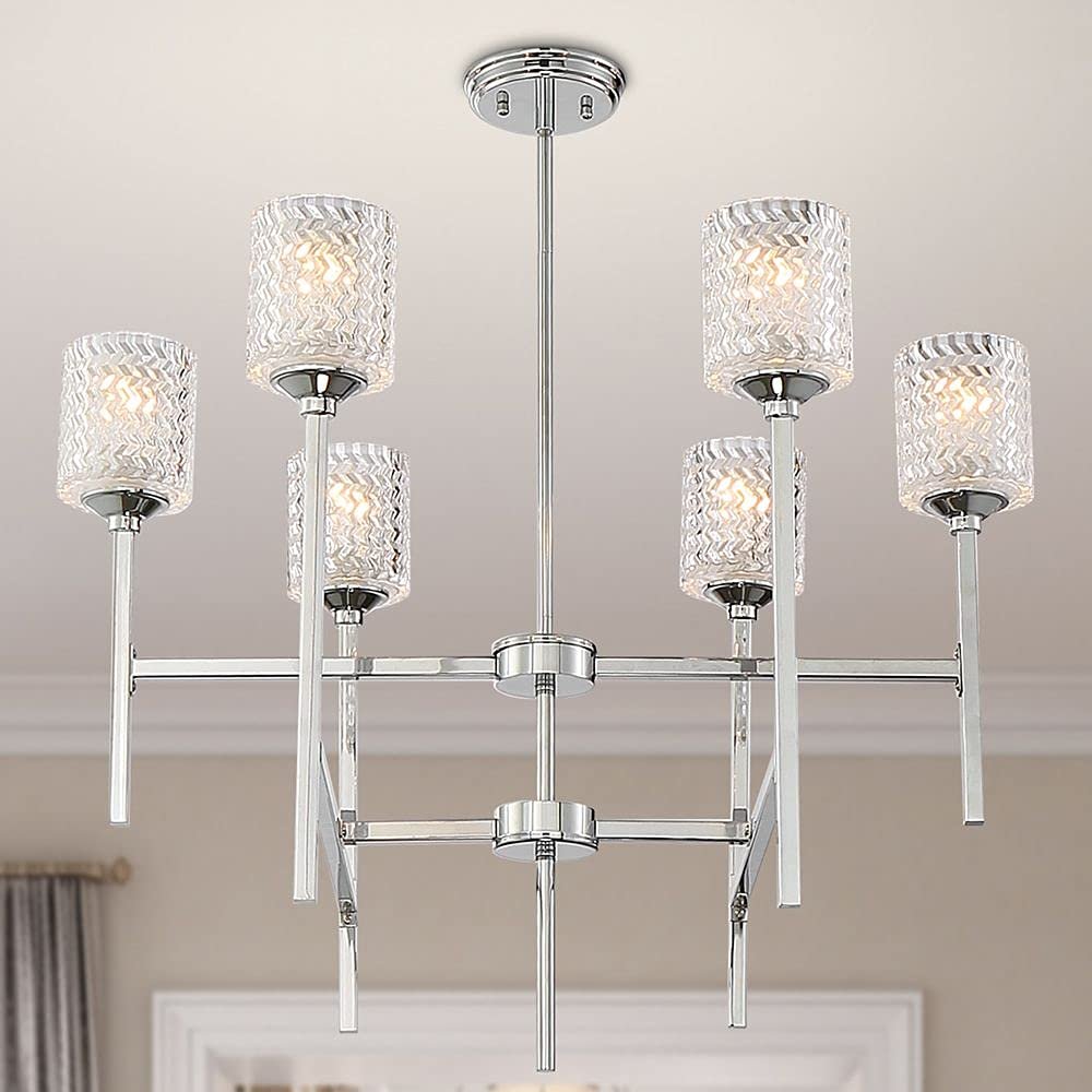 Silver Candle Style Six Light Metal Dimmable Chandelier With Clear Shades