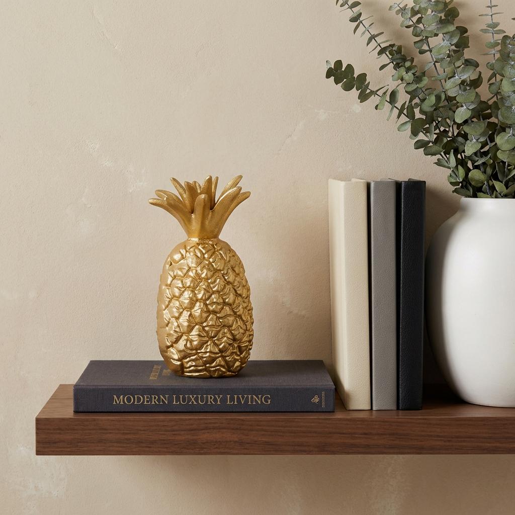 9" Gold Cast Iron Pineapple Hand Painted Sculpture