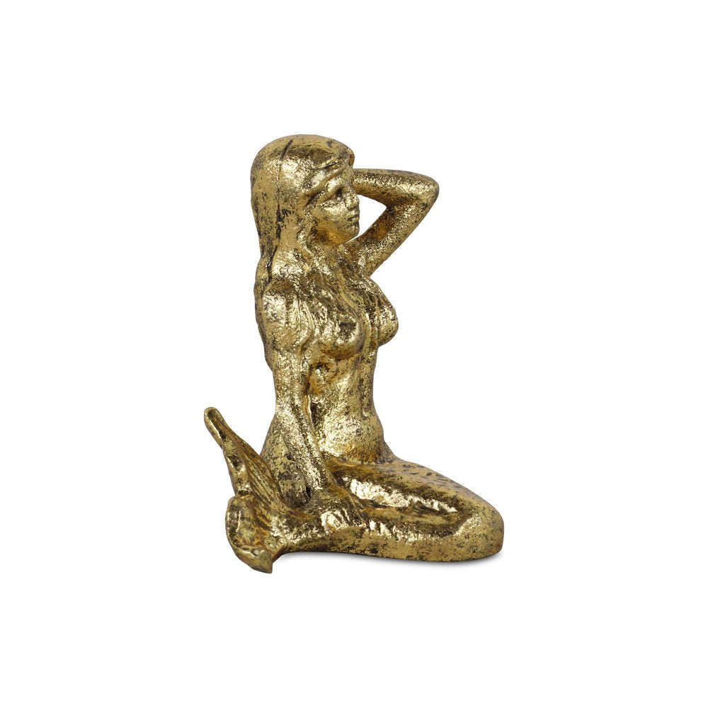 6" Antiqued Brass Cast Iron Mermaid Hand Painted Statue Tabletop Sculpture
