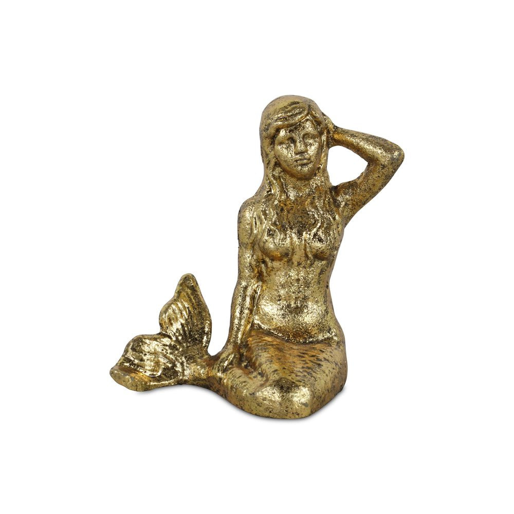 6" Antiqued Brass Cast Iron Mermaid Hand Painted Statue Tabletop Sculpture
