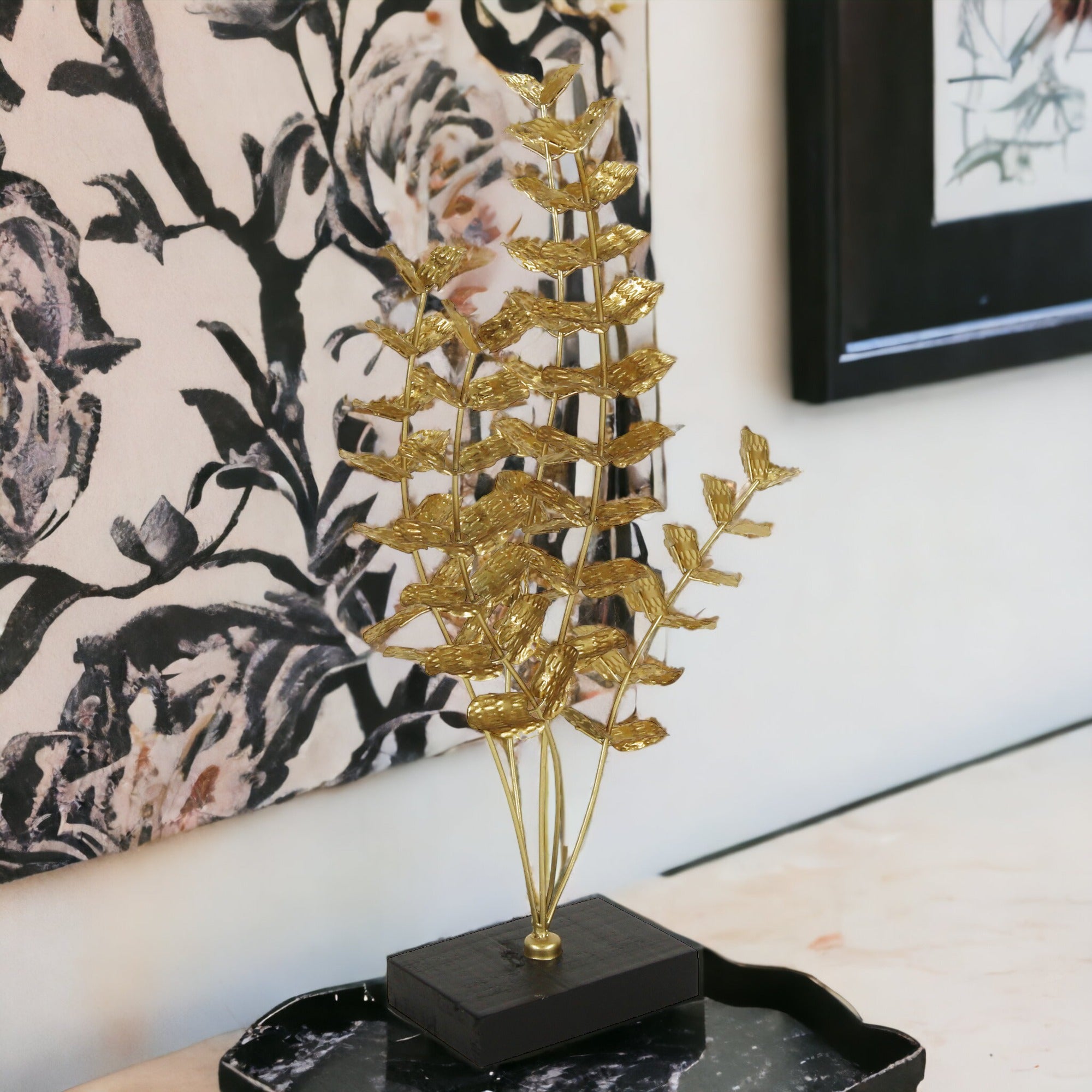 21" Gold and Black Metal Leaf Hand Painted Sculpture