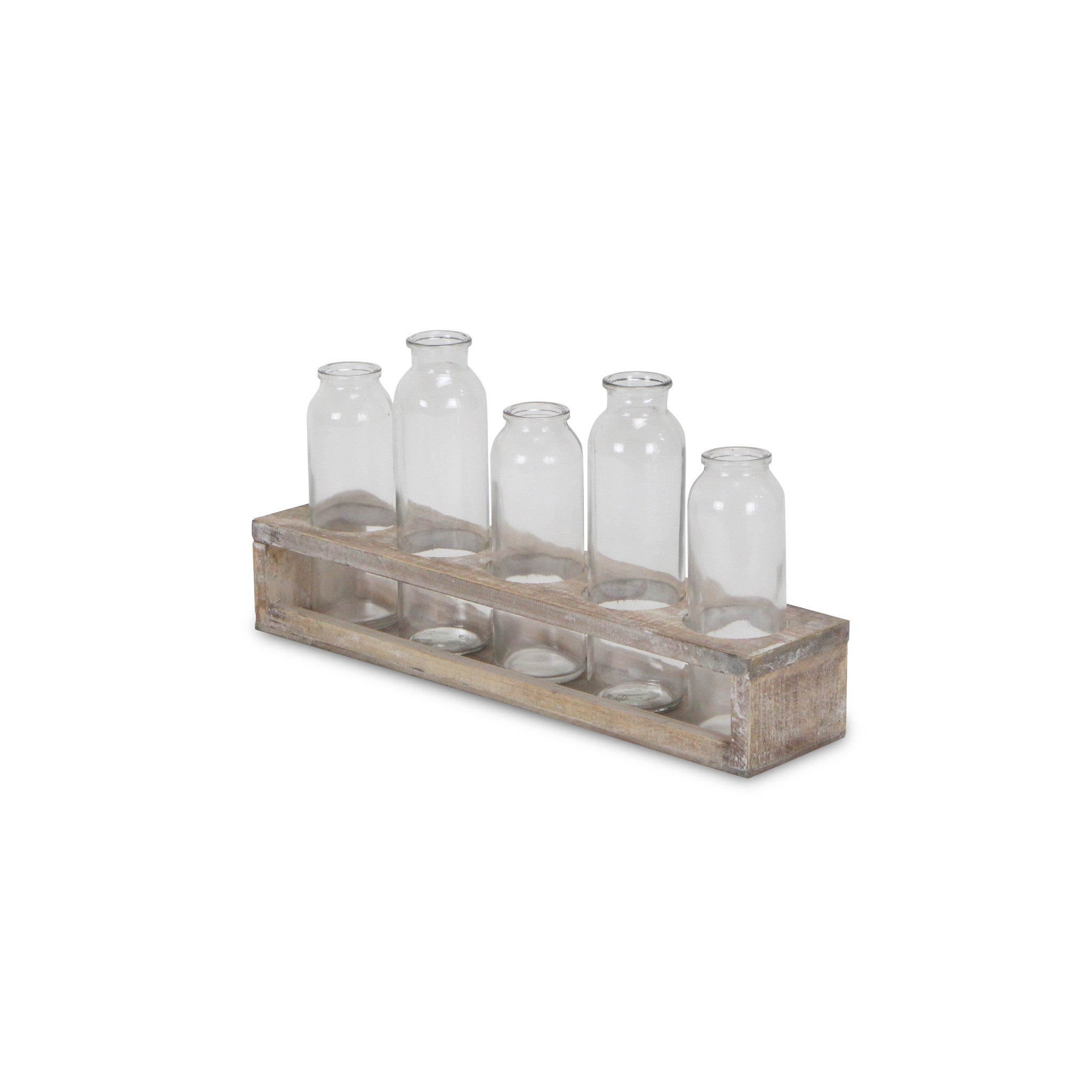 Set of Six Clear Glass Decorative Bottles and Wood Stand