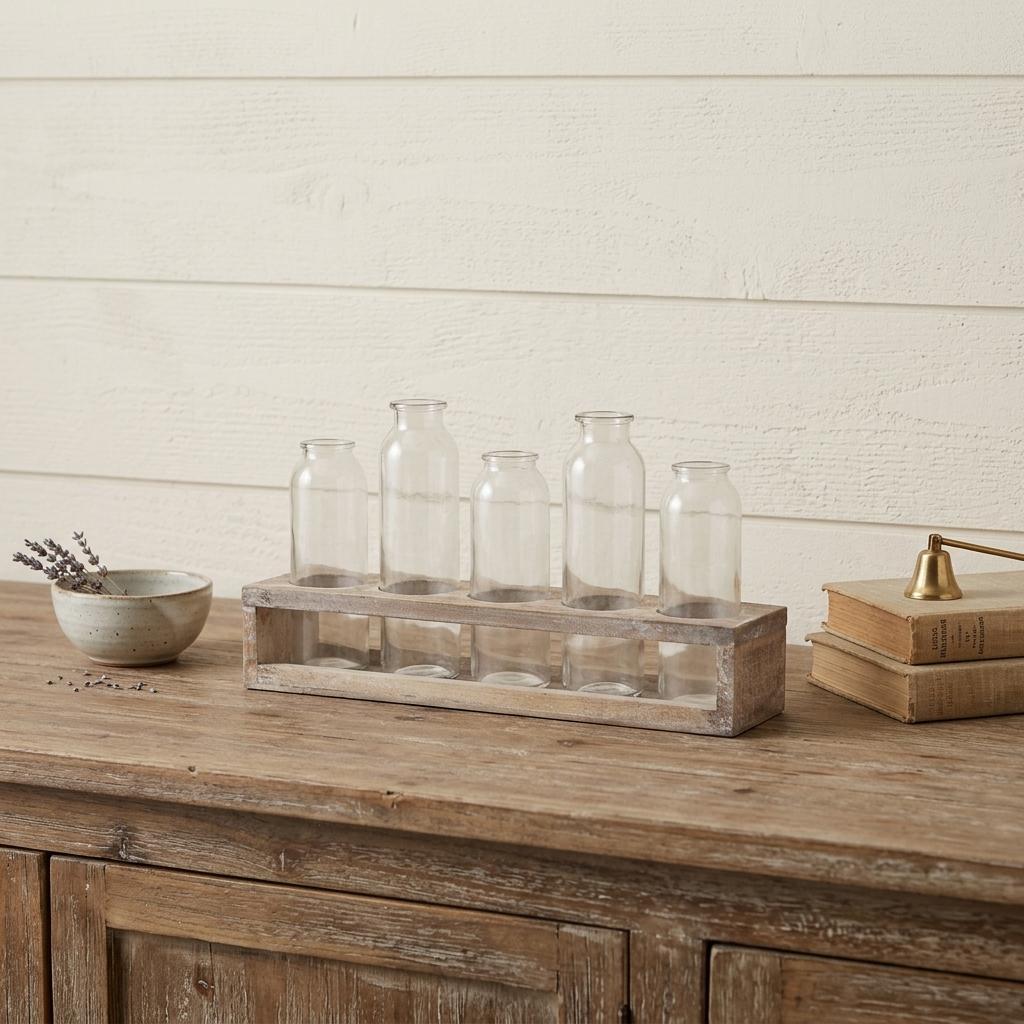 Set of Five Clear Cylinder Glass Decorative Bottles