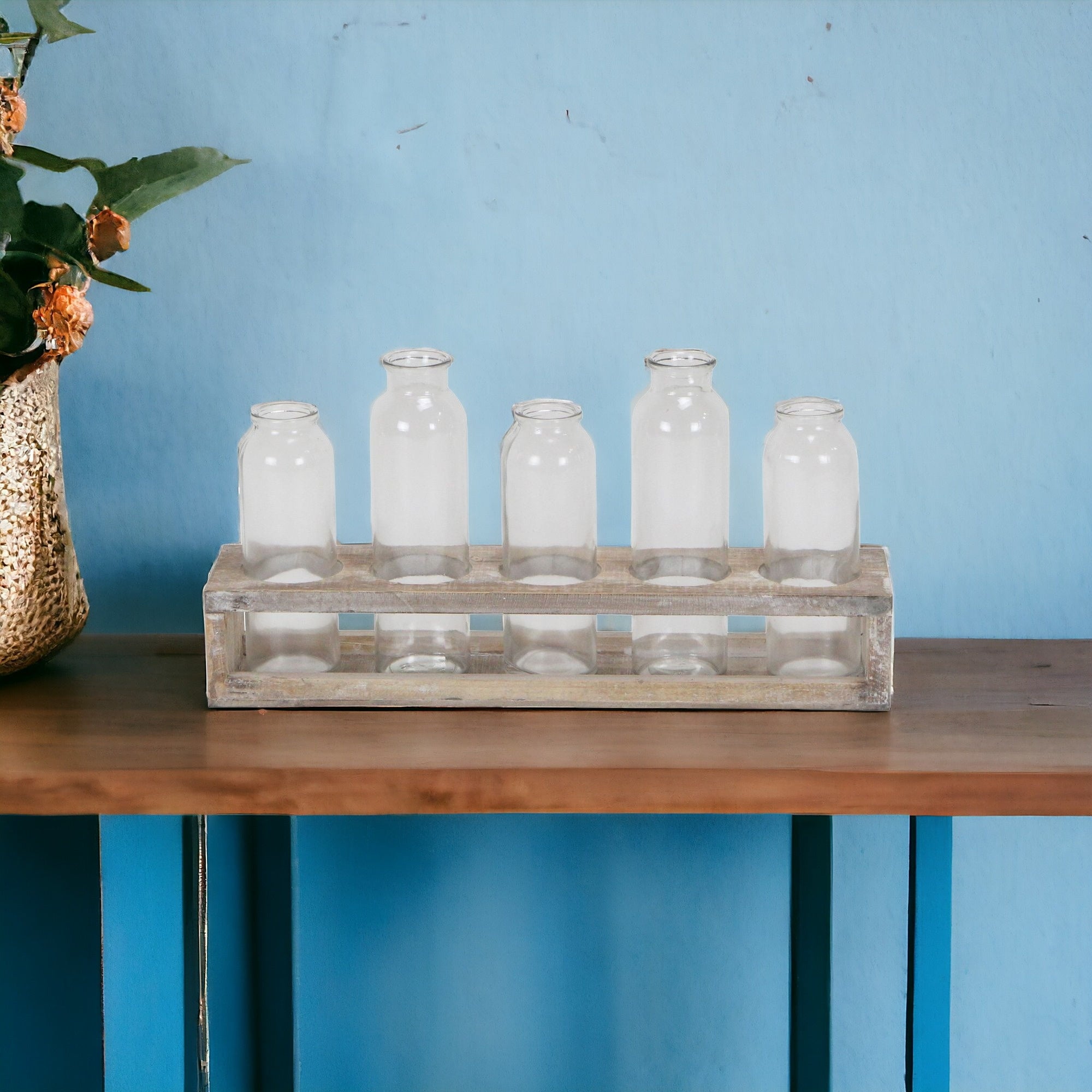 Set of Six Clear Glass Decorative Bottles and Wood Stand