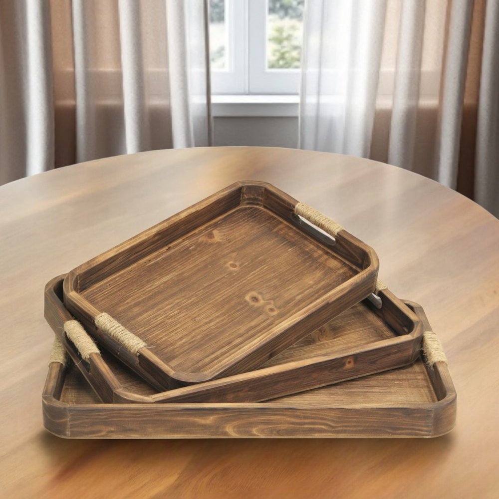 20" Brown Rectangular Wood Handmade Tray With Handles
