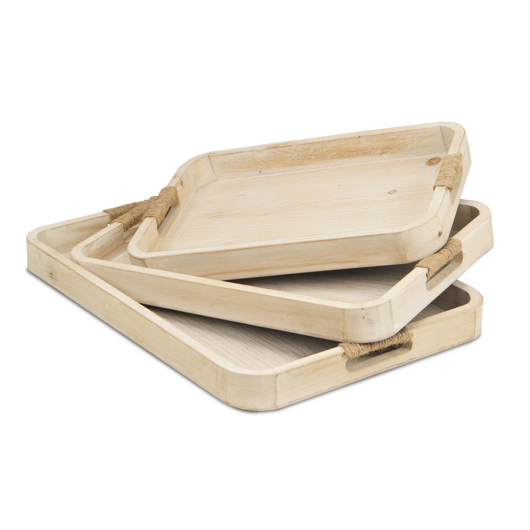 Set Of Three 20" White Rectangular Wood Handmade Tray With Handles