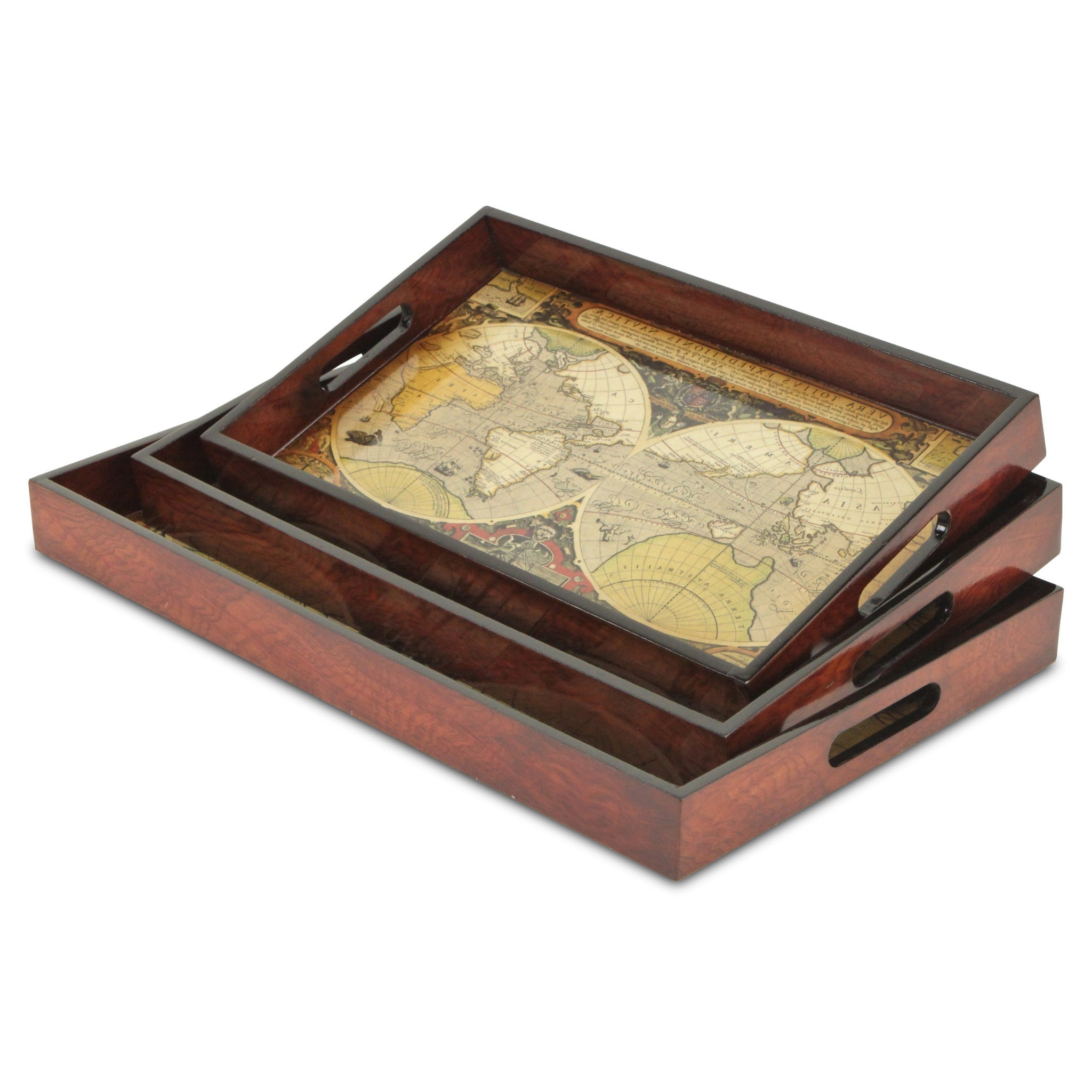 Set of Three Vintage World Map and Wood Veneer Serving Trays