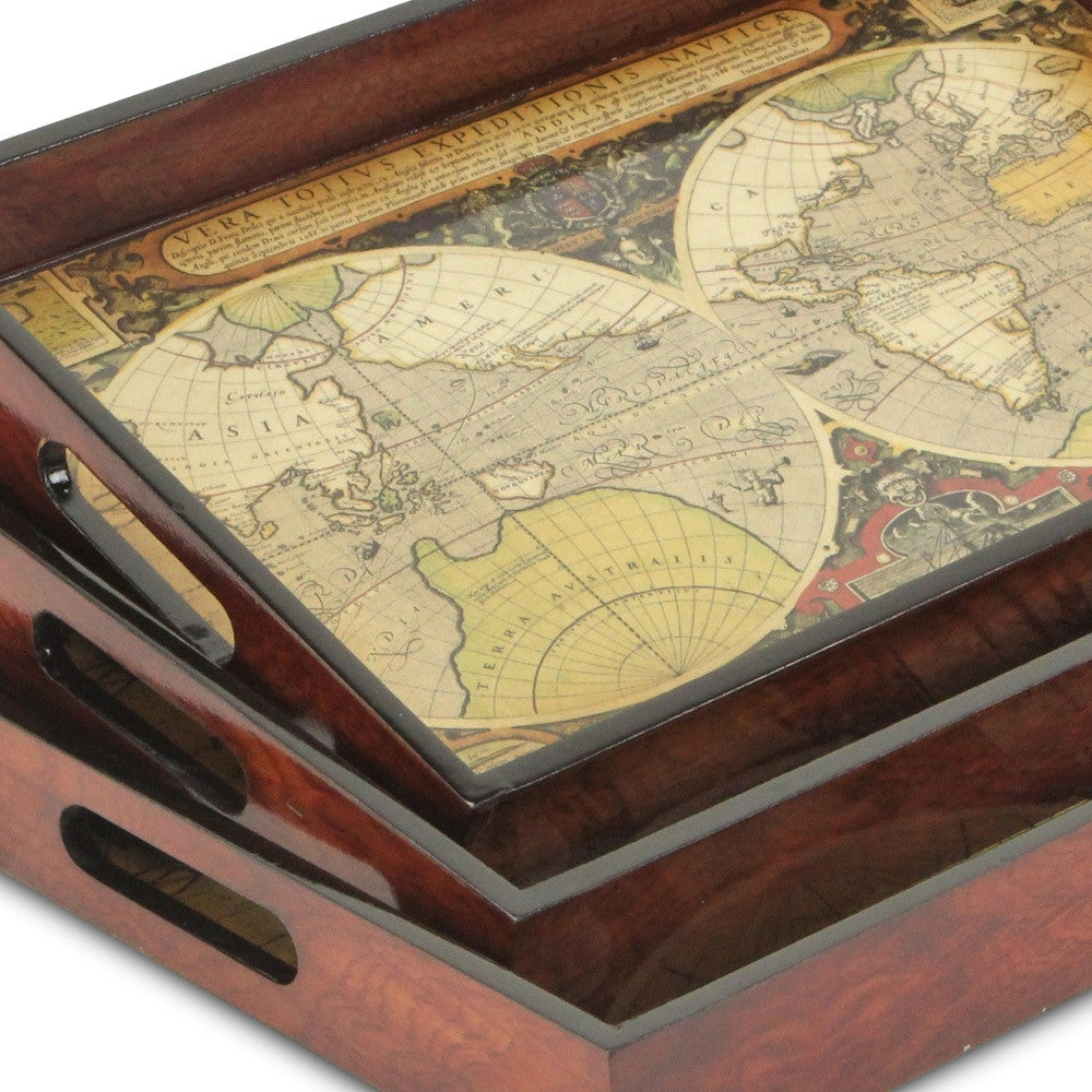 Set of Three Vintage World Map and Wood Veneer Serving Trays