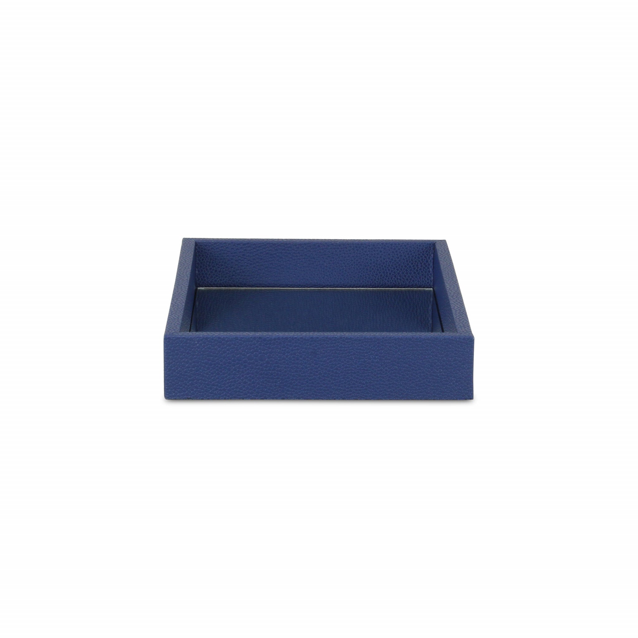 10" Navy Blue Mirrored Glass And Wood Faux Shagreen Vanity Tray