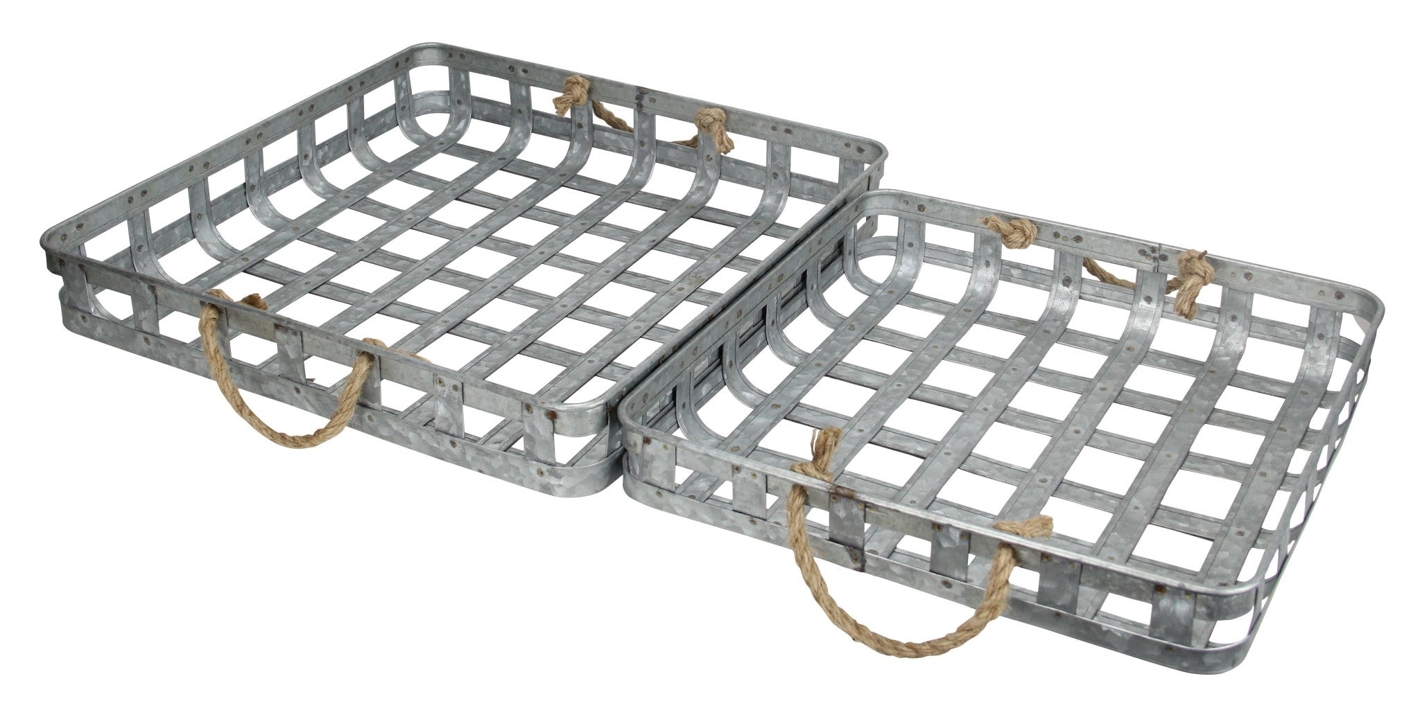 Set Of Two 17" Gray Rectangular Metal Handmade Trays With Rope Handles