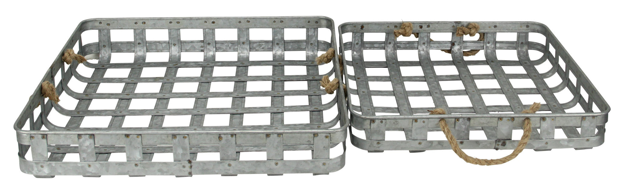Set Of Two 17" Gray Rectangular Metal Handmade Trays With Rope Handles