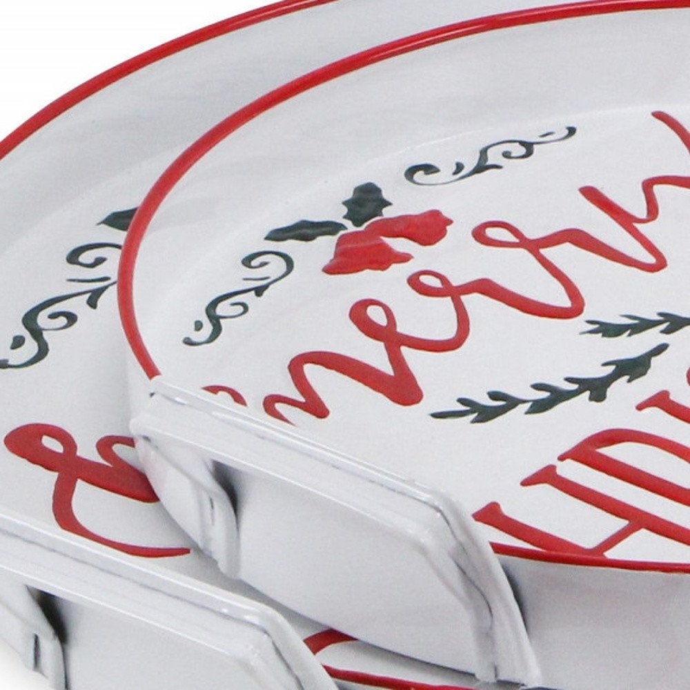 Set of Two White Round Metal Christmas Handmade Serving Tray With Handles