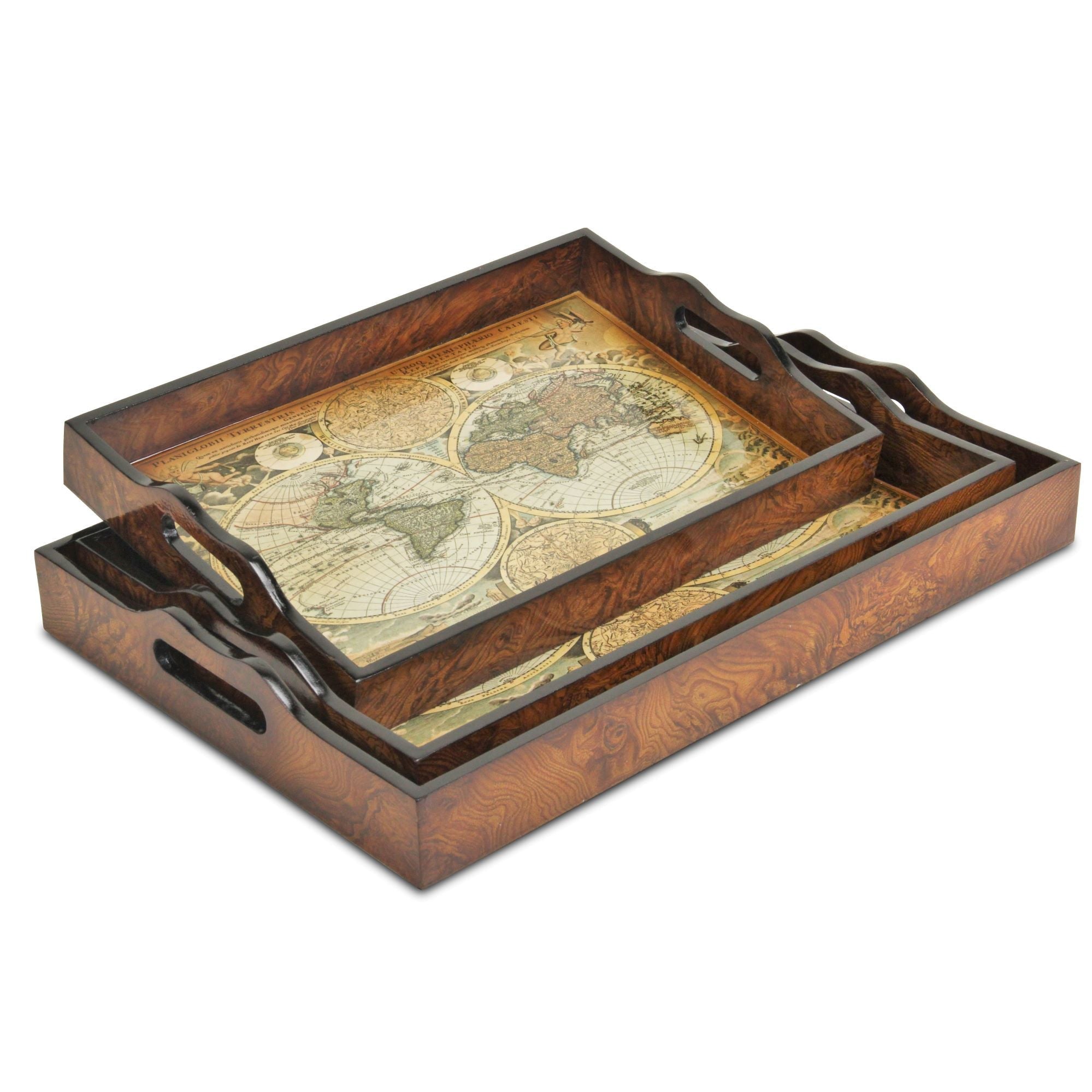 Set Of Three 19" Brown Burl Wood Vintage Map Design Handmade Trays With Handles