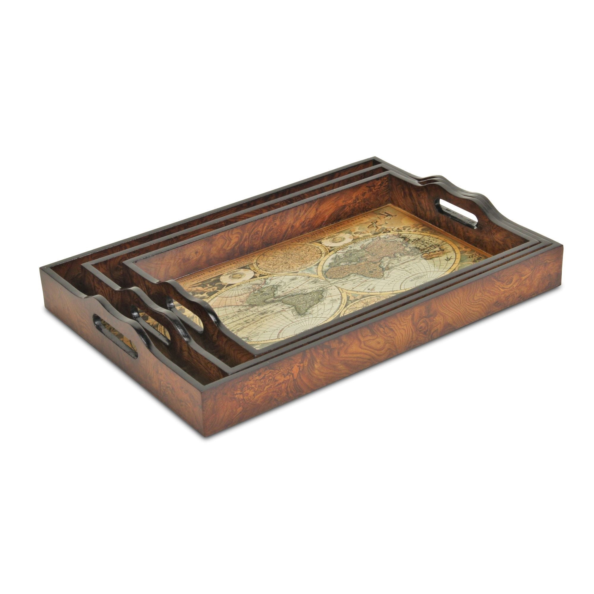 Set Of Three 19" Brown Burl Wood Vintage Map Design Handmade Trays With Handles