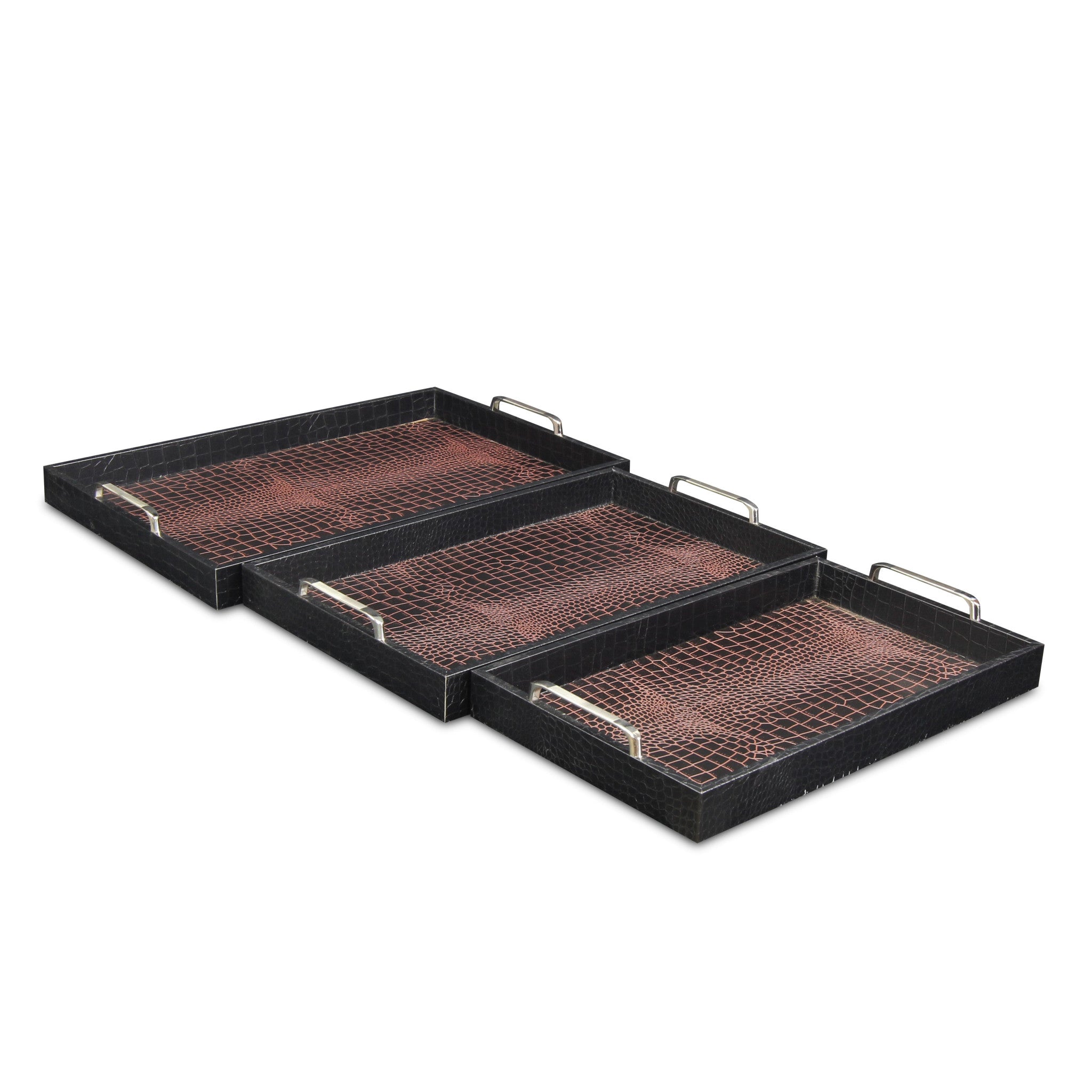 Set Of Three 23" Brown Rectangular Faux Alligator Tray With Chrome Handles