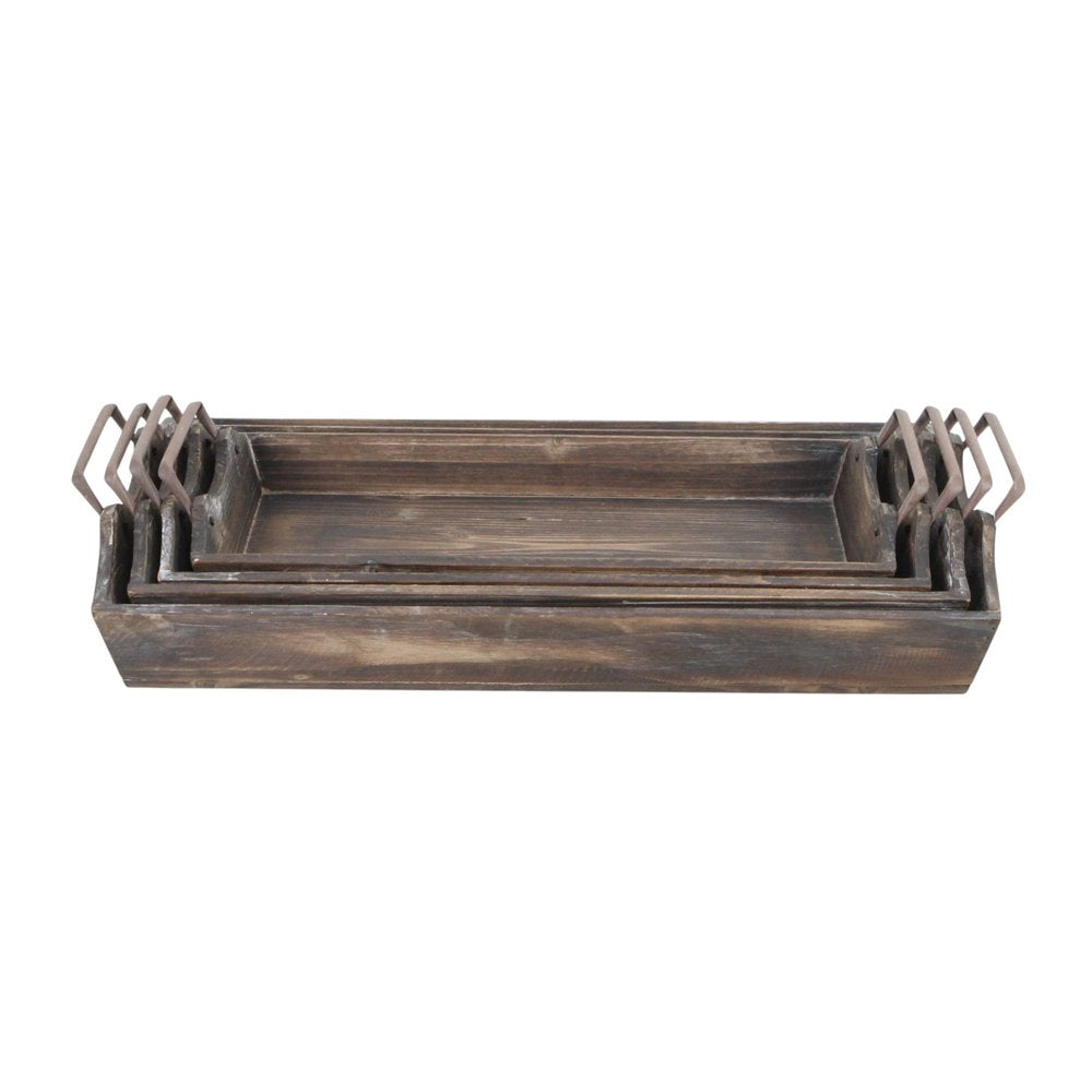 Set of Four Brown Wood Handmade Serving Tray With Handles