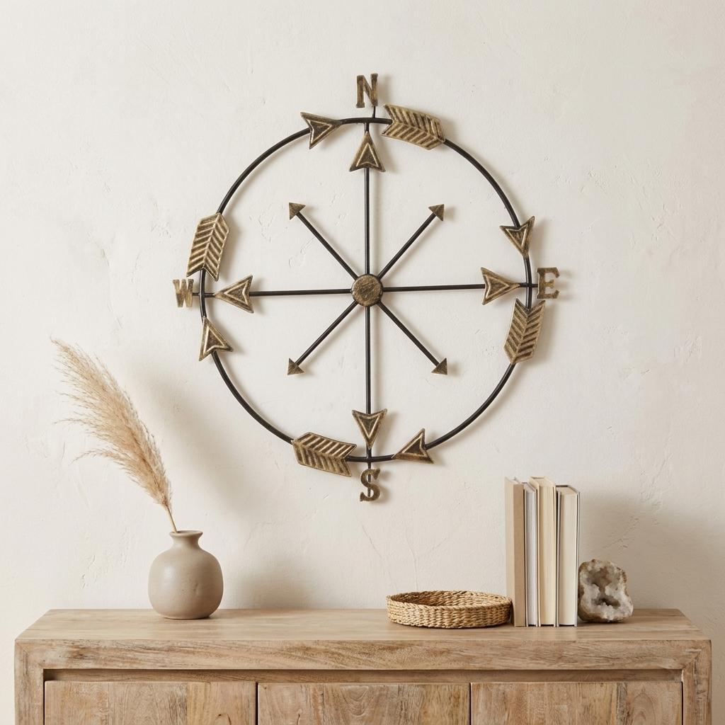 26" X 25" Brass and Black Metal Distressed Compass Wall Decor
