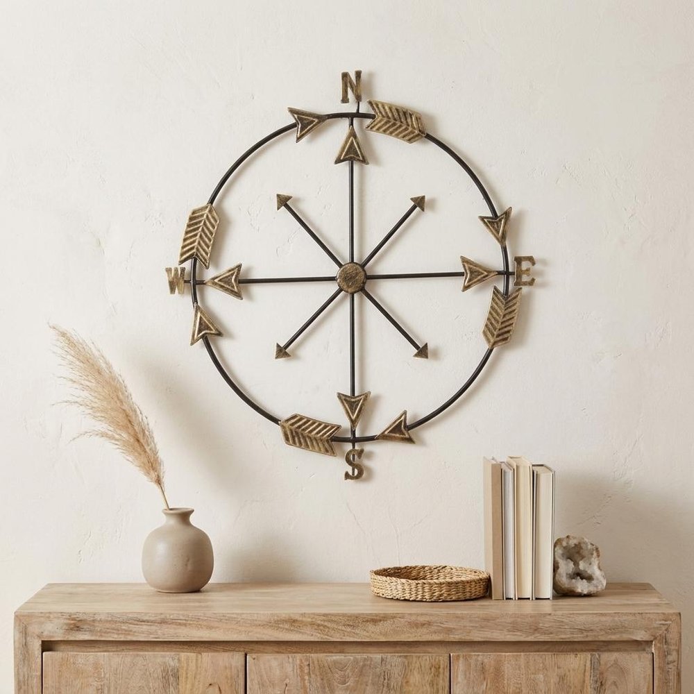 26" X 25" Brass and Black Metal Distressed Compass Wall Decor
