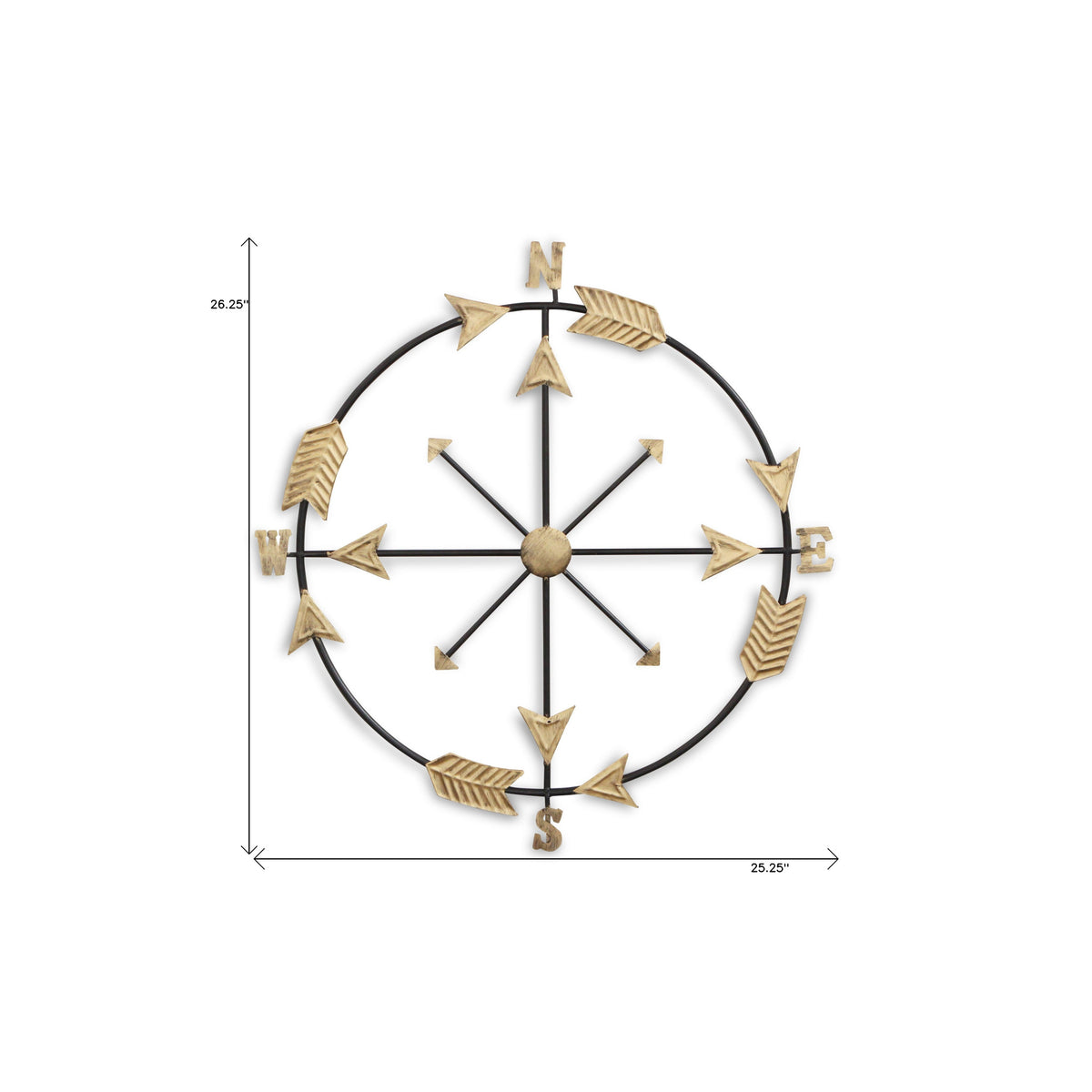 26" X 25" Brass and Black Metal Distressed Compass Wall Decor