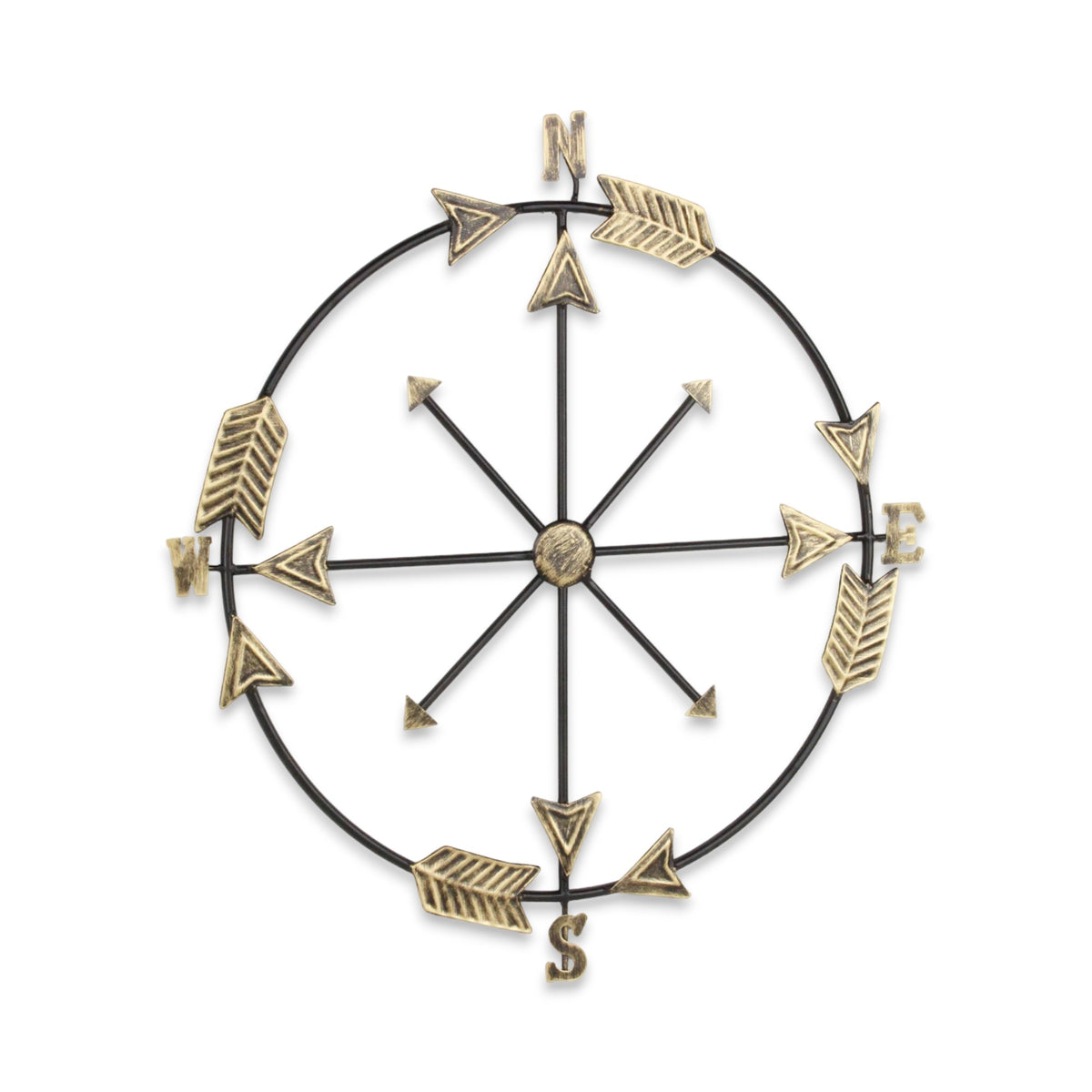 26" X 25" Brass and Black Metal Distressed Compass Wall Decor