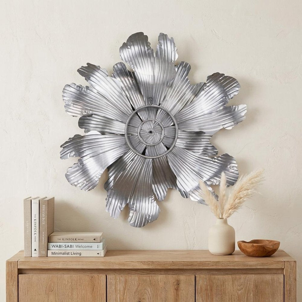 27" X 27" Gray and Off White Galvanized Metal Flower Hanging Dimensional Sculpture