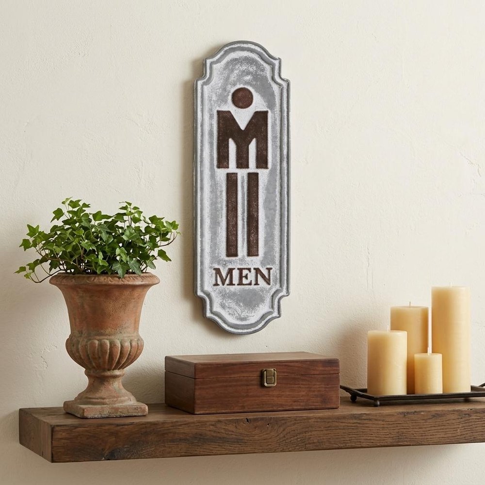 12" X 4" Gray and Brown Handcrafted Mens Room Metal Wall Decor