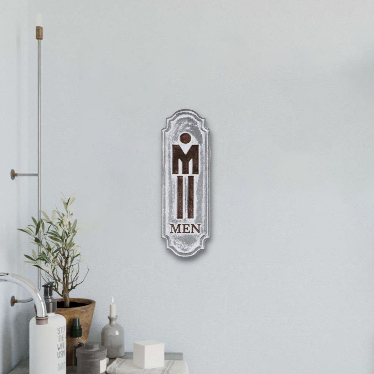 12" X 4" Gray and Brown Handcrafted Mens Room Metal Wall Decor