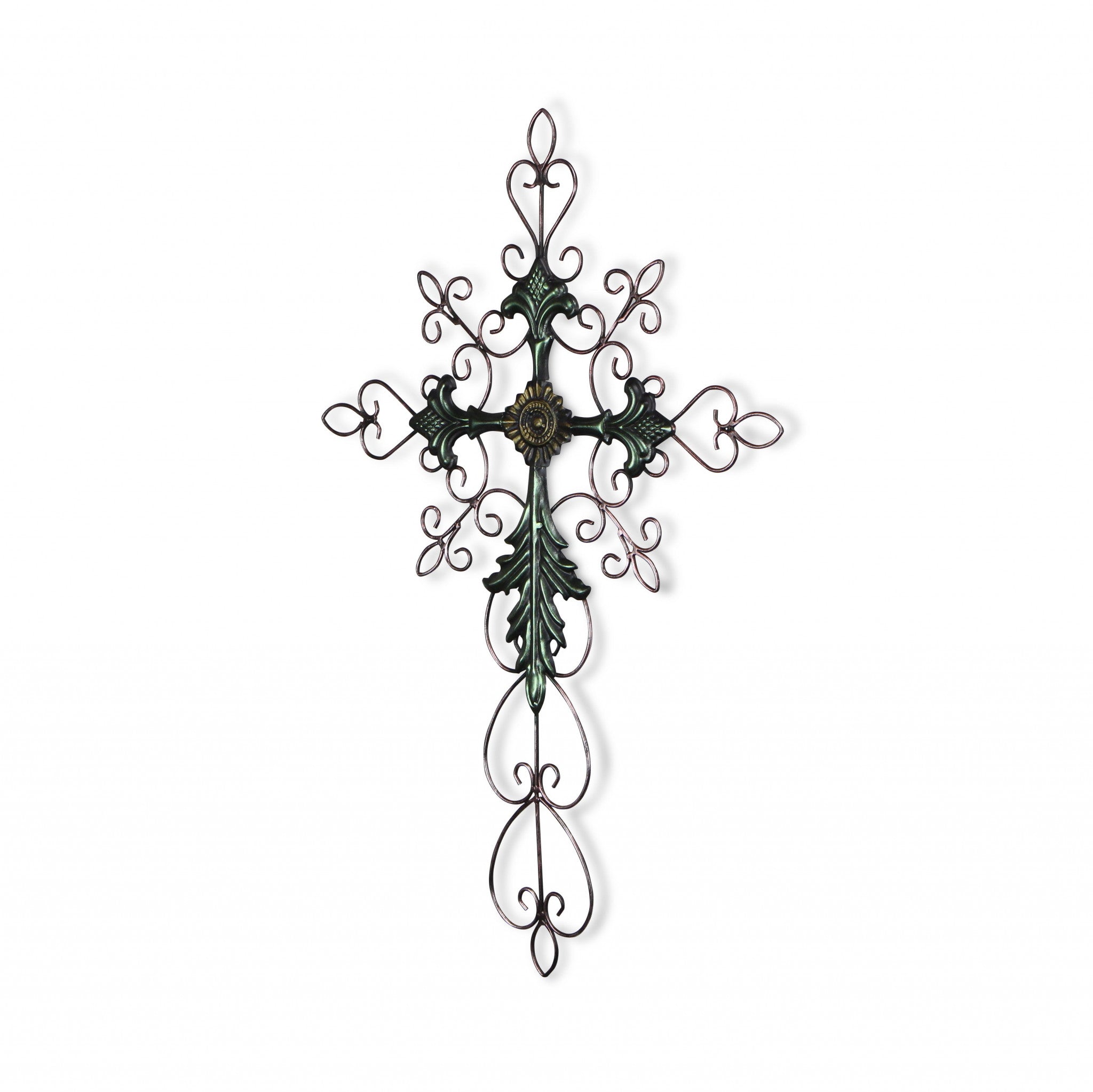 28" Green and Gold Metal Hanging Cross Wall Decor