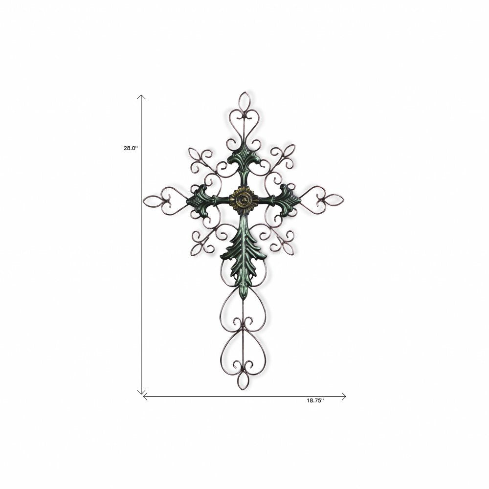 28" Green and Gold Metal Hanging Cross Wall Decor