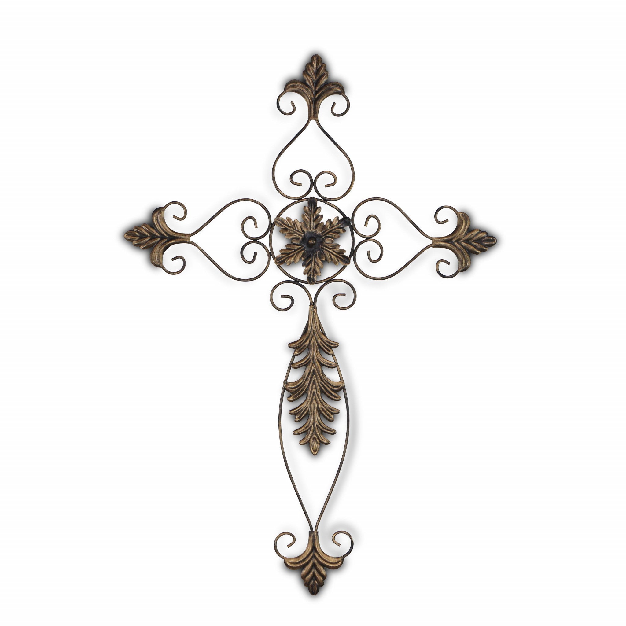 Rustic Burnished Golden Brown Metal Scroll Hanging Wall Cross