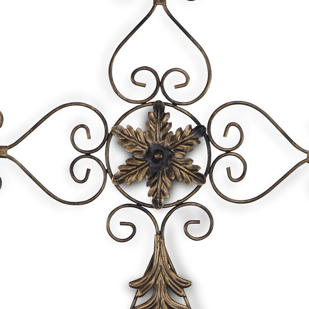 Rustic Burnished Golden Brown Metal Scroll Hanging Wall Cross