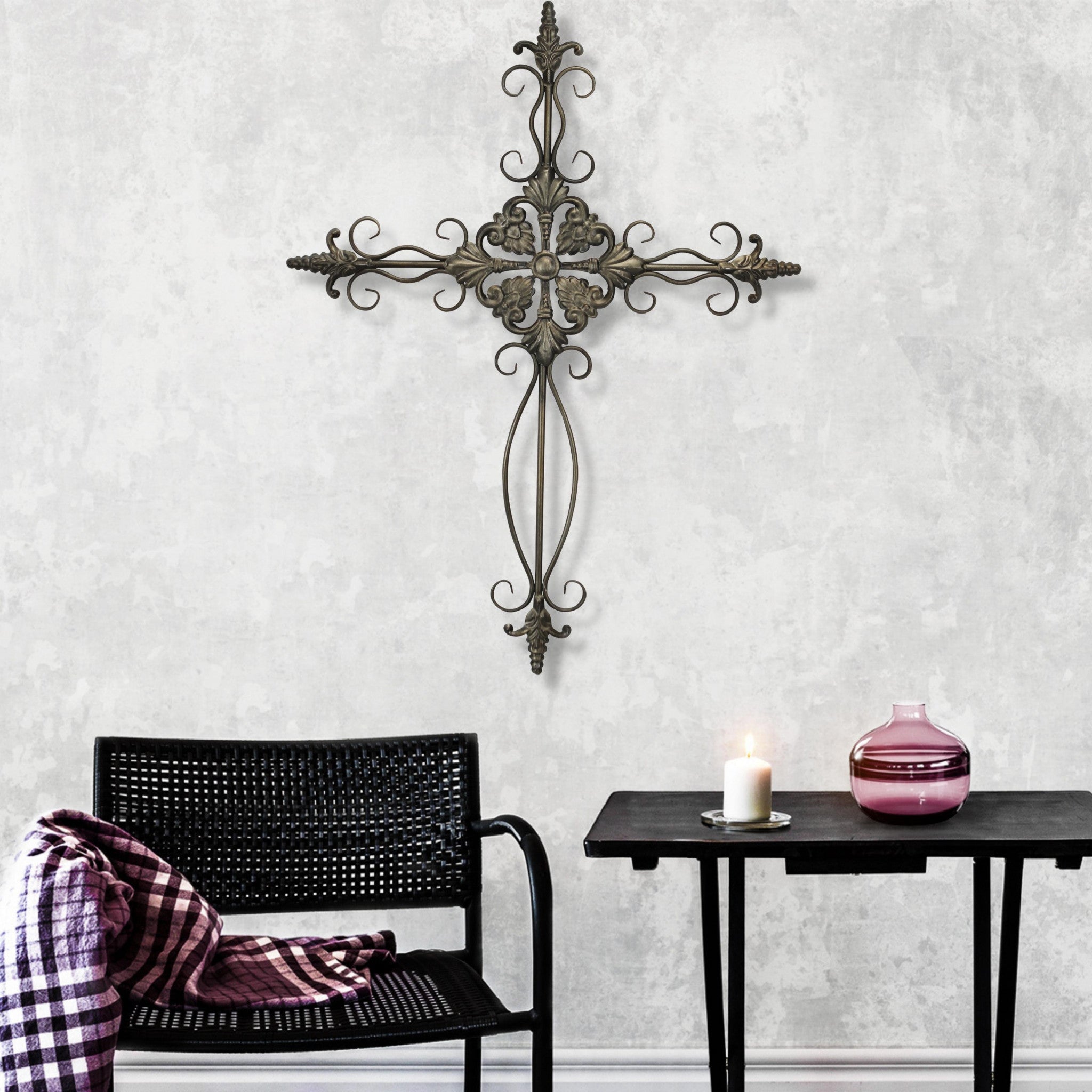 22" Gray Metal Scroll Design Gray Hanging Cross Wall Decor