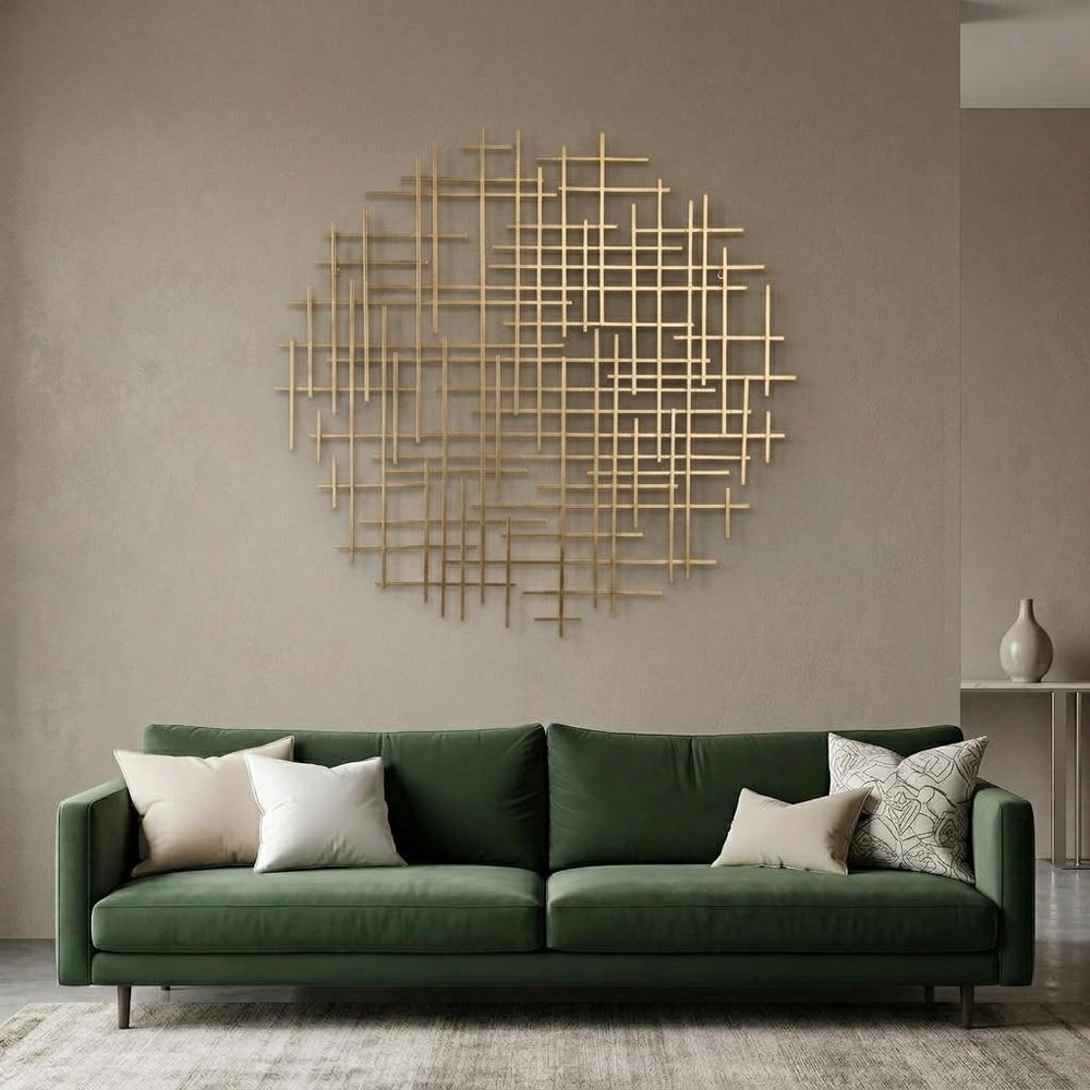37" X 38" Gold  Metal Abstract Lines Round Hanging Dimensional Sculpture