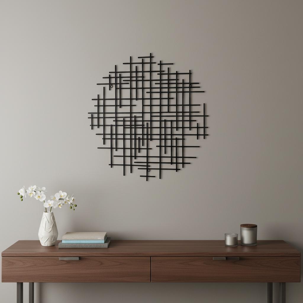 30" X 30" Black Metal Abstract Lines Round Hanging Dimensional Sculpture