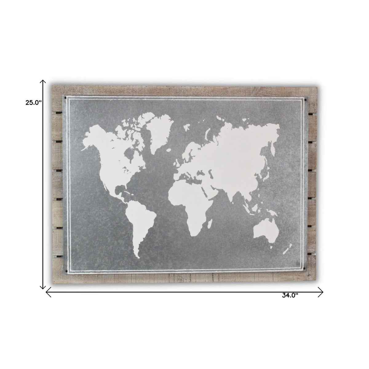 25" X 34" Brown and Gray Wood and Metal World Map Hanging Dimensional Sculpture