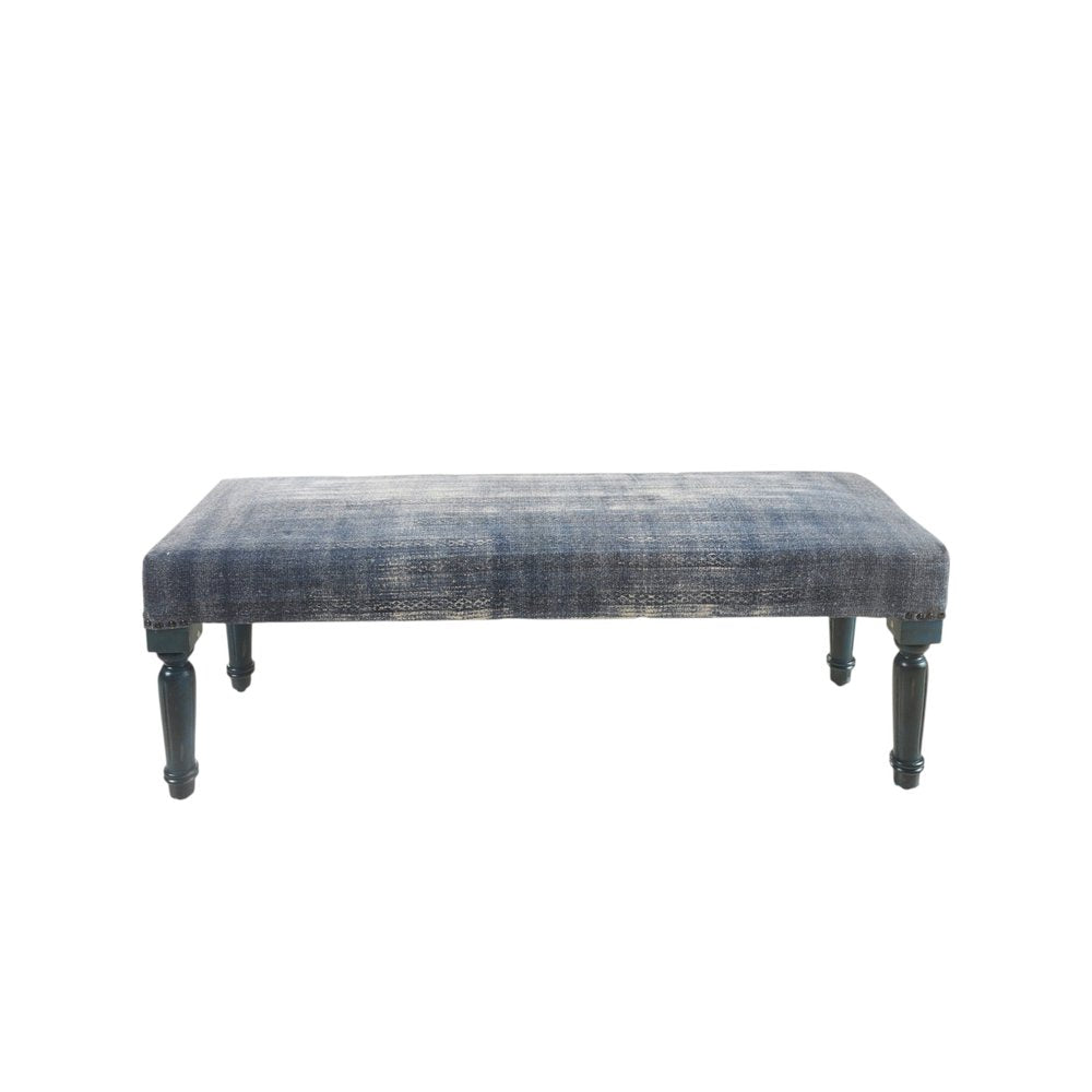 47" Blue And Cream Abstract Design Blue Leg Upholstered Bench