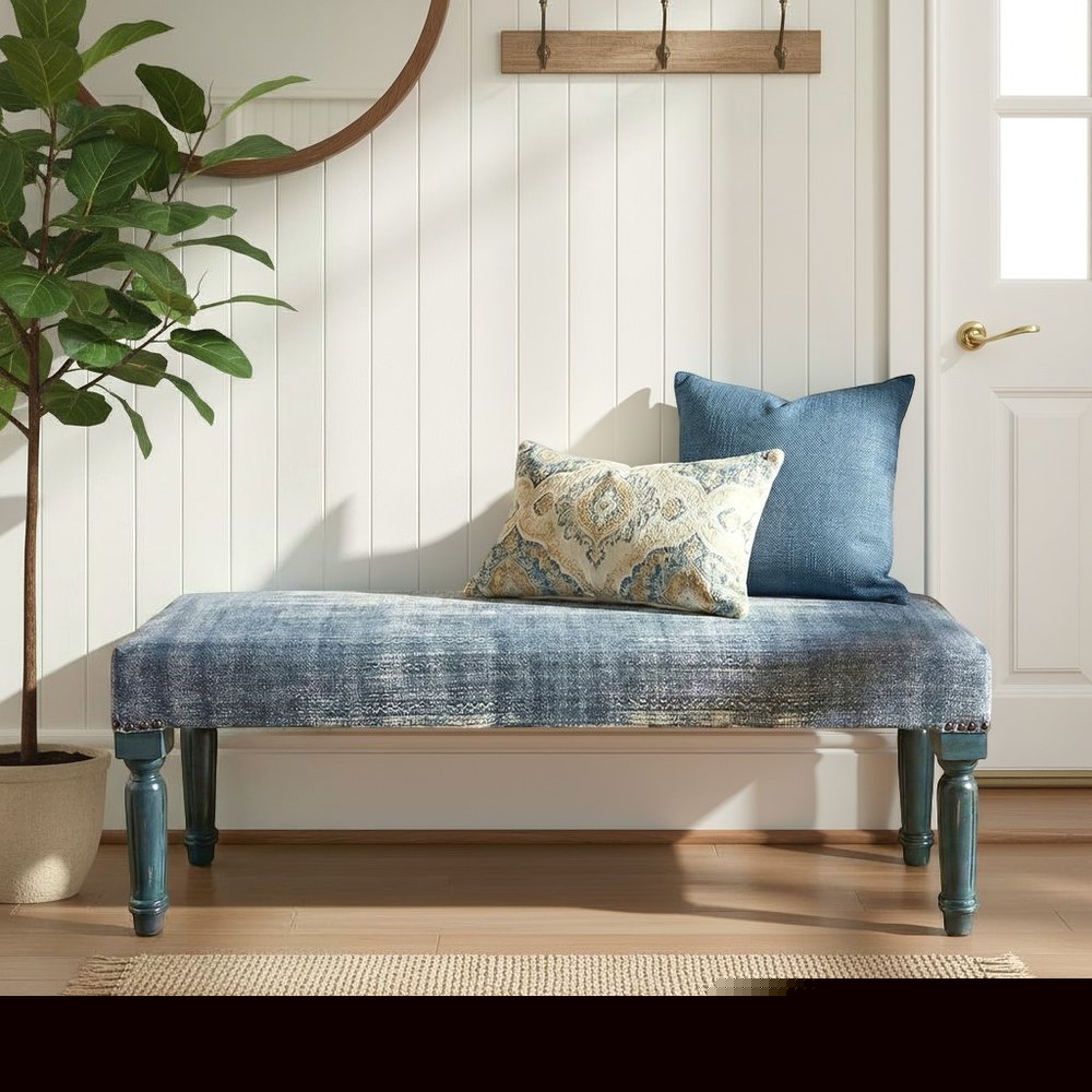 47" Blue And Cream Abstract Design Blue Leg Upholstered Bench