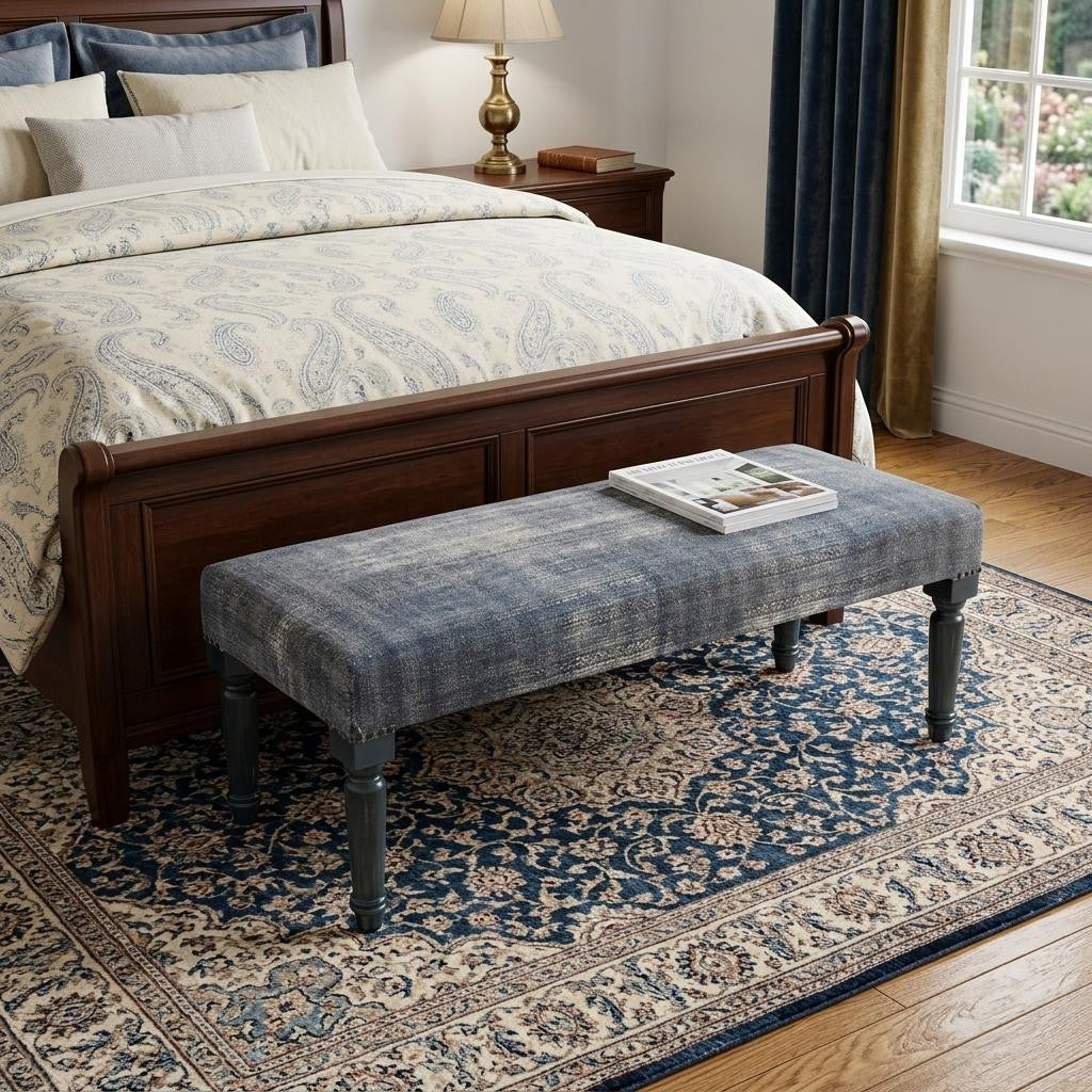47" Blue And Cream Abstract Design Blue Leg Upholstered Bench