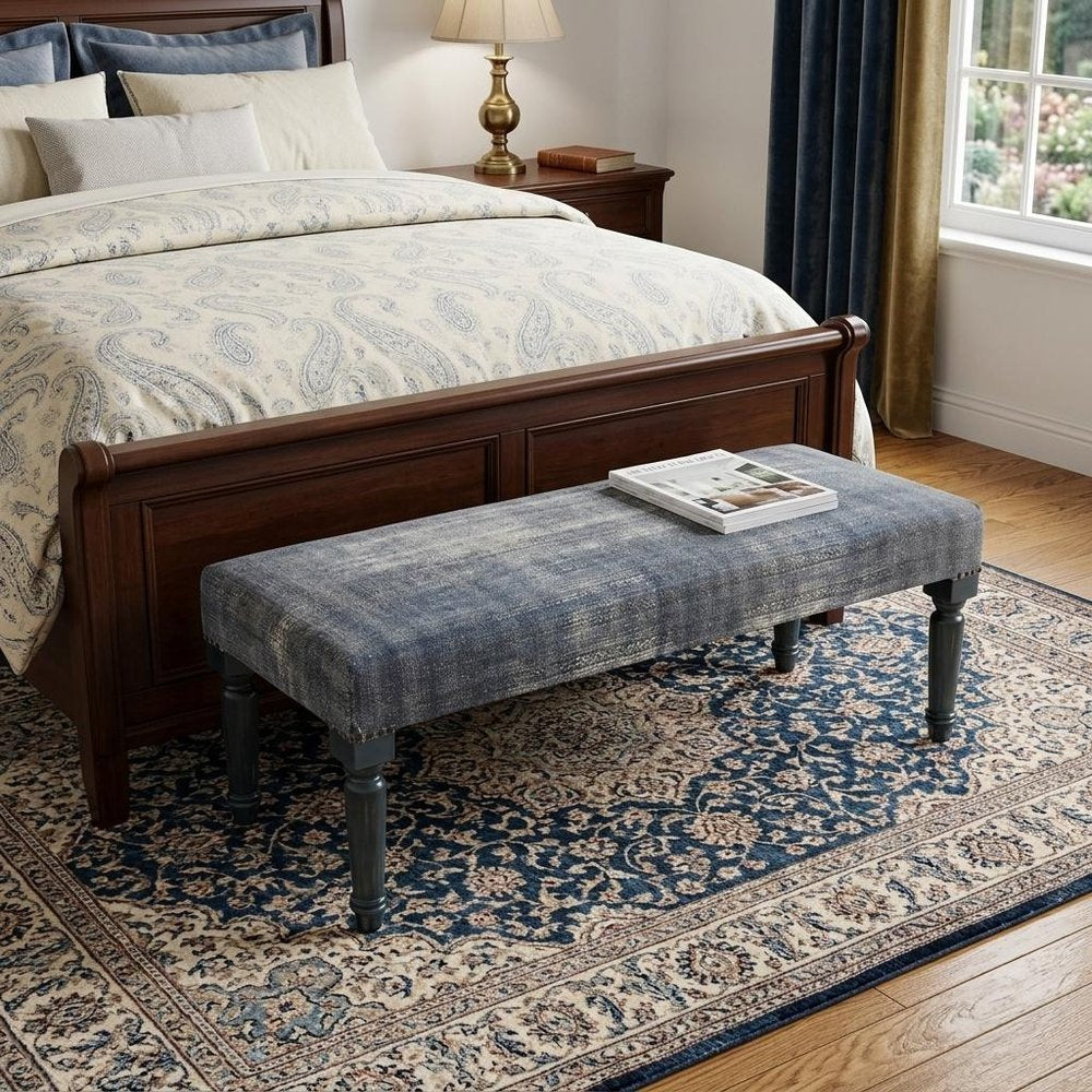 47" Blue And Cream Abstract Design Blue Leg Upholstered Bench