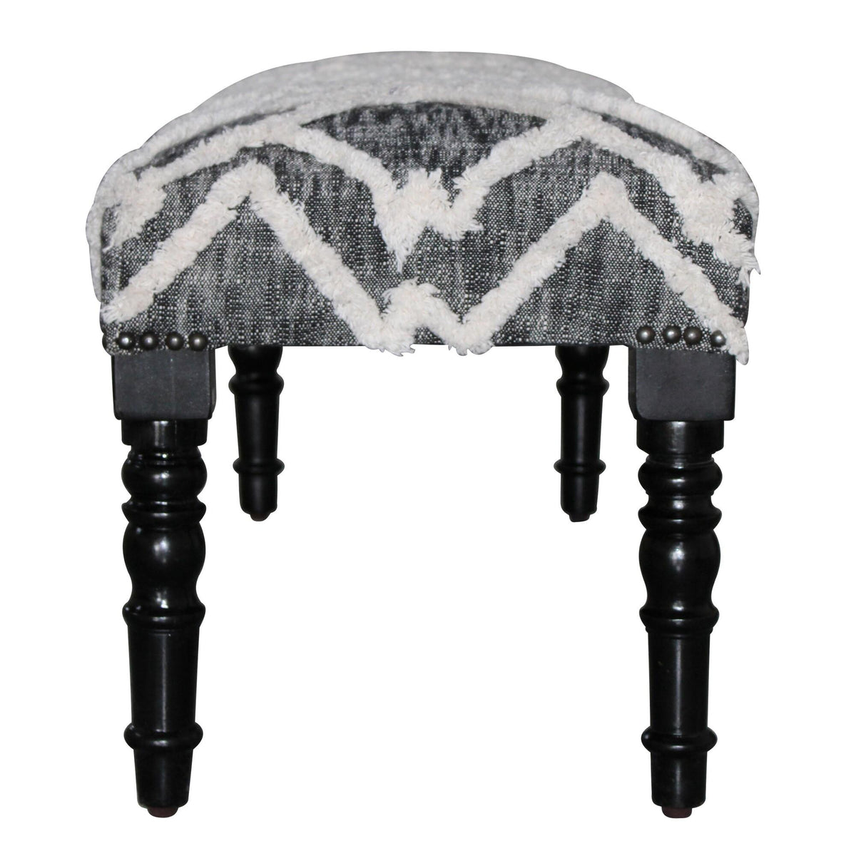 47" Gray And White Geometric Cotton Upholstered Distressed Bench